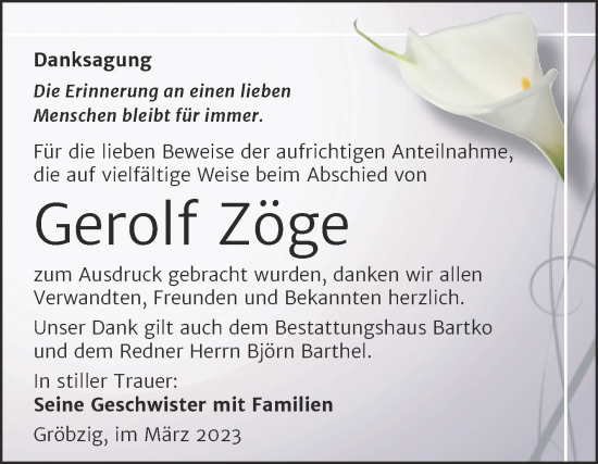 Traueranzeige von Gerolf Zöge von Trauerkombi Köthen