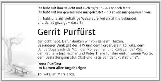 Traueranzeige von Gerrit Purfürst von Trauerkombi Merseburg