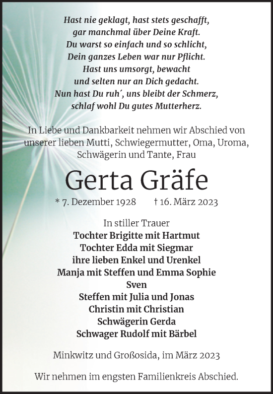 Traueranzeige von Gerta Gräfe von Trauerkombi Zeitz