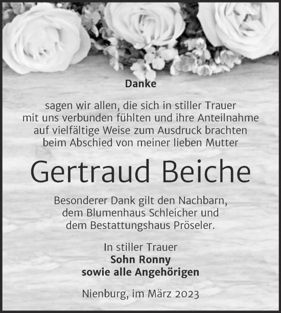Traueranzeige von Gertraud Beiche von Trauerkombi Bernburg