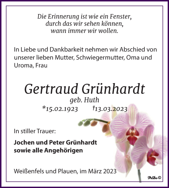 Traueranzeige von Gertraud Grünhardt von Trauerkombi Weißenfels
