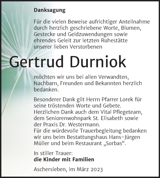Traueranzeige von Gertrud Durniok von Trauerkombi Aschersleben
