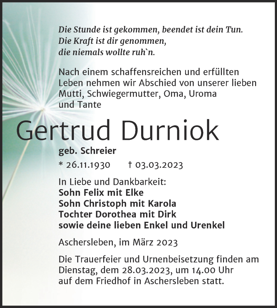  Traueranzeige für Gertrud Durniok vom 11.03.2023 aus Trauerkombi Aschersleben