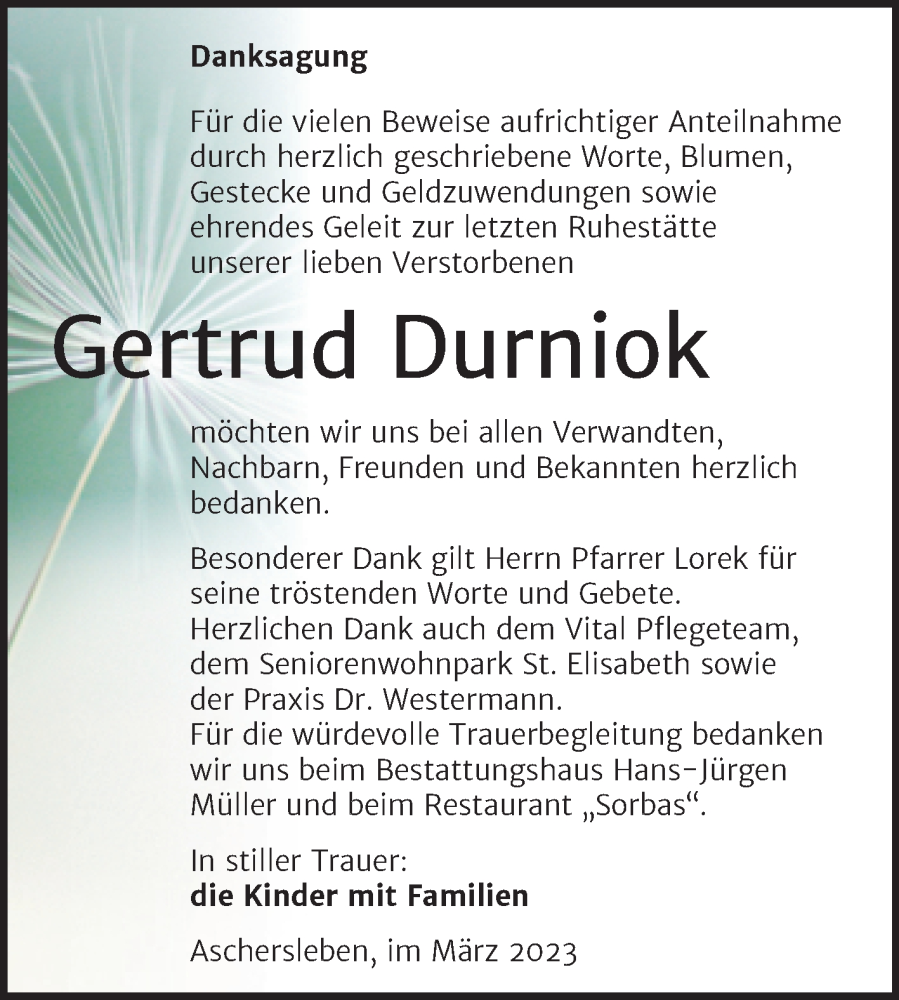  Traueranzeige für Gertrud Durniok vom 31.03.2023 aus Trauerkombi Aschersleben