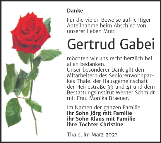 Traueranzeige von Gertrud Gabei von Trauerkombi Quedlinburg