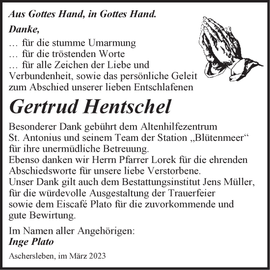 Traueranzeige von Gertrud Hentschel von Trauerkombi Aschersleben