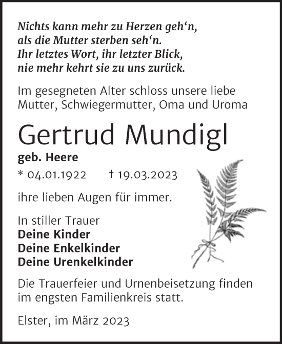 Traueranzeige von Gertrud Mundigl von Trauerkombi Wittenberg