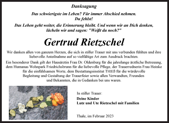 Traueranzeige von Gertrud Rietzschel von Super Sonntag Quedlingburg