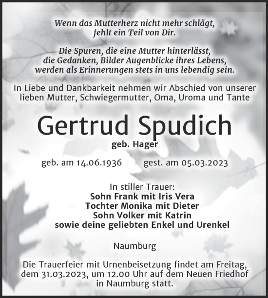 Traueranzeige von Gertrud Spudich von Wochenspiegel Naumburg/Nebra