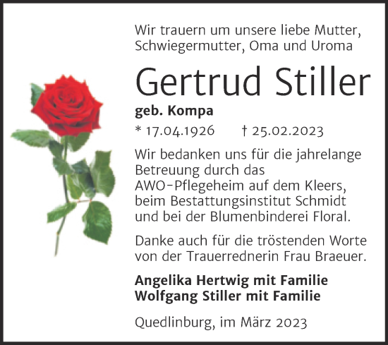 Traueranzeige von Gertrud Stiller von Trauerkombi Quedlinburg