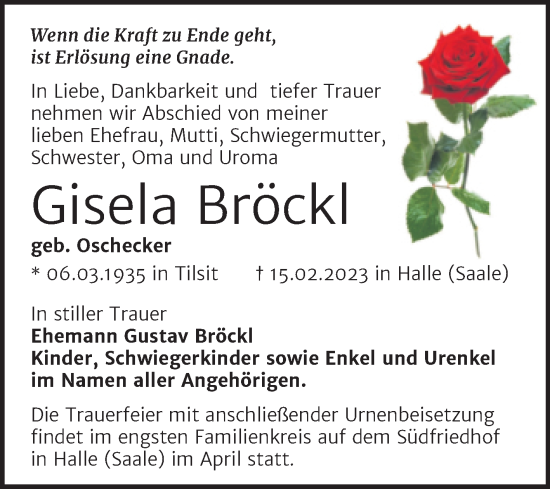Traueranzeige von Gisela Bröckl von Mitteldeutsche Zeitung Halle/Saalkreis