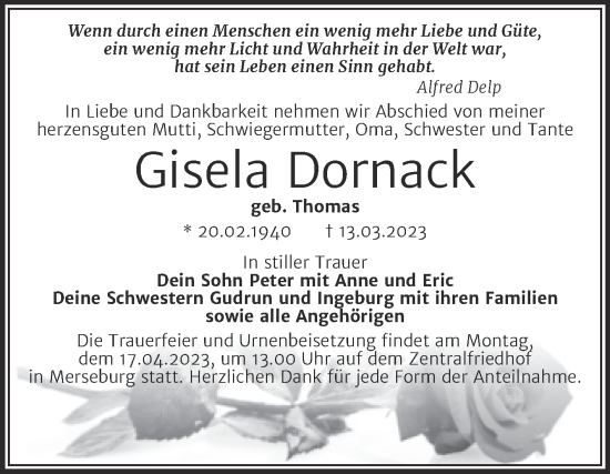 Traueranzeige von Gisela Dornack von Trauerkombi Merseburg