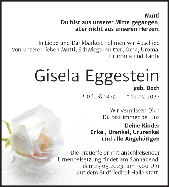 Traueranzeige von Gisela Eggestein von Mitteldeutsche Zeitung Halle/Saalkreis