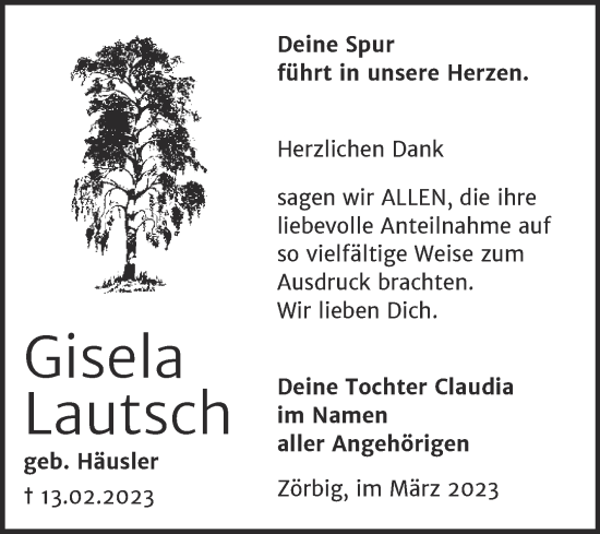 Traueranzeige von Gisela Lautsch von Trauerkombi Bitterfeld