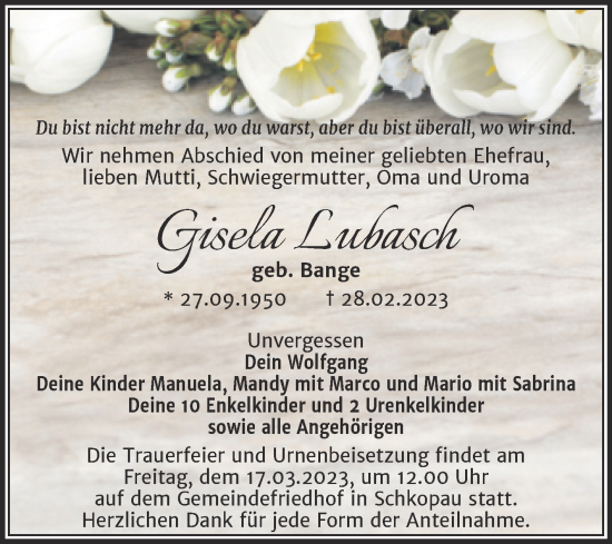 Traueranzeige von Gisela Lubasch von Trauerkombi Merseburg