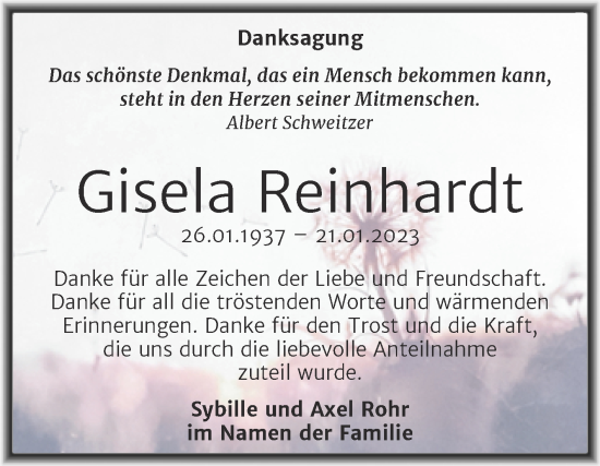 Traueranzeige von Gisela Reinhardt von Trauerkombi Mansfelder Land