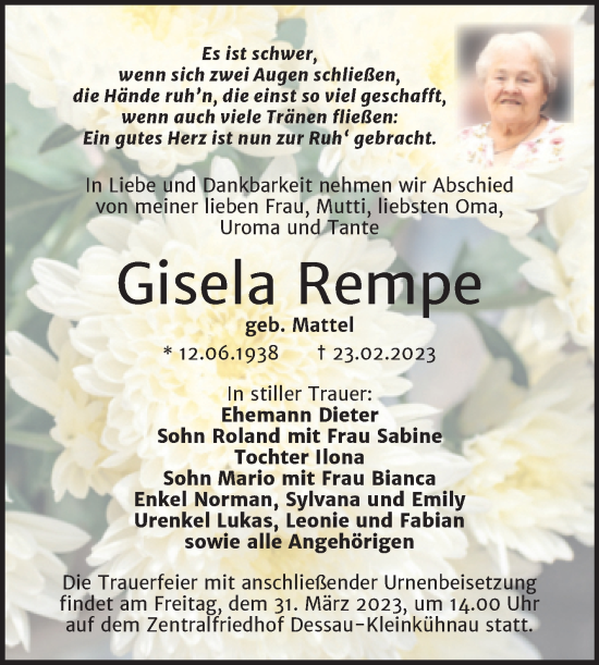 Traueranzeige von Gisela Rempe von Trauerkombi Dessau