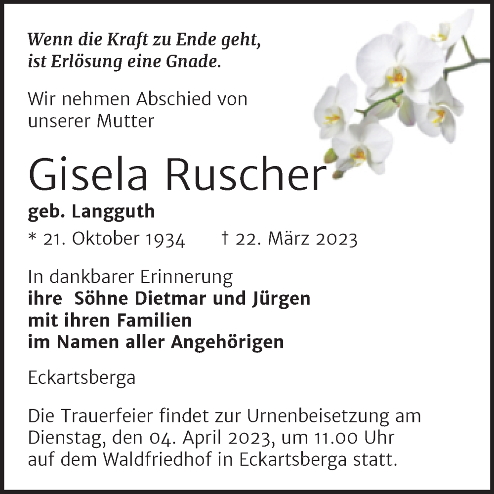  Traueranzeige für Gisela Ruscher vom 25.03.2023 aus Naumburger Tageblatt