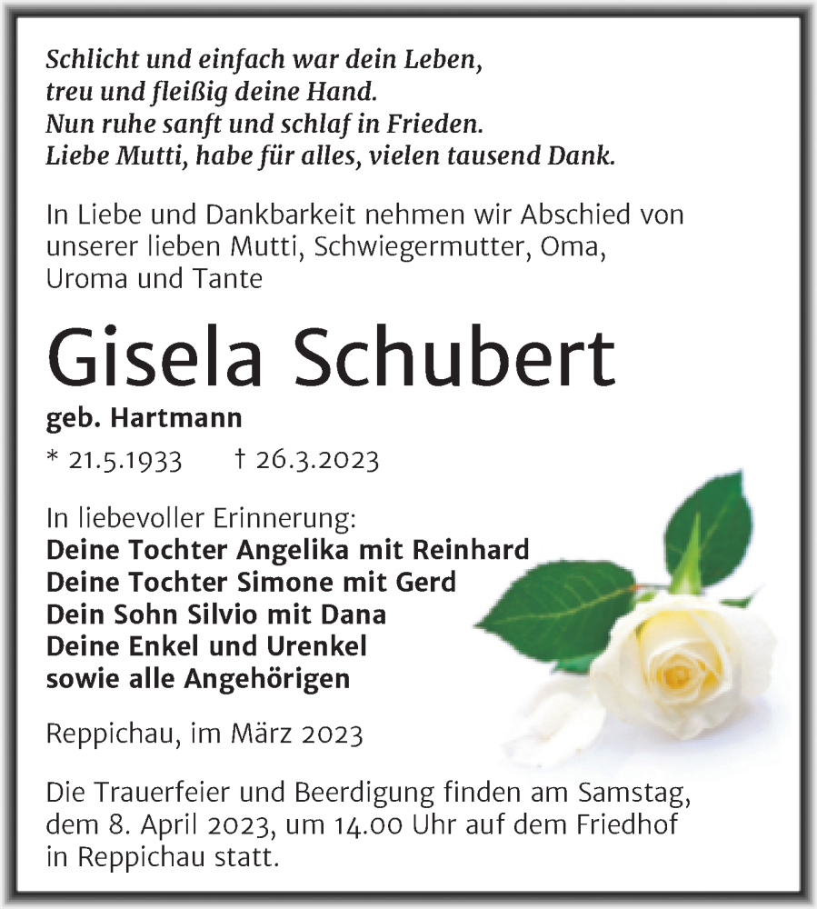  Traueranzeige für Gisela Schubert vom 29.03.2023 aus Trauerkombi Köthen