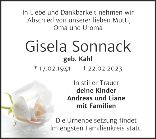 Traueranzeige von Gisela Sonnack von Trauerkombi Wittenberg
