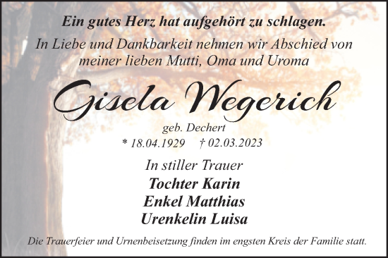 Traueranzeige von Gisela Wegerich von Trauerkombi Dessau
