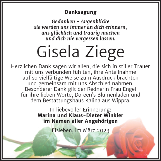 Traueranzeige von Gisela Ziege von Trauerkombi Mansfelder Land