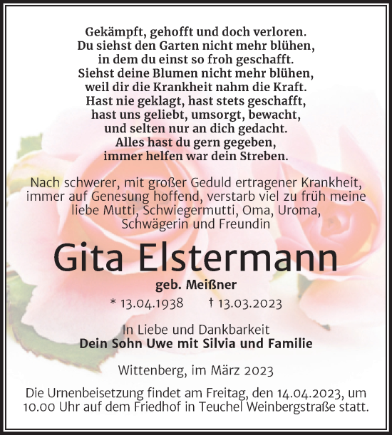 Traueranzeige von Gita Elstermann von Trauerkombi Wittenberg