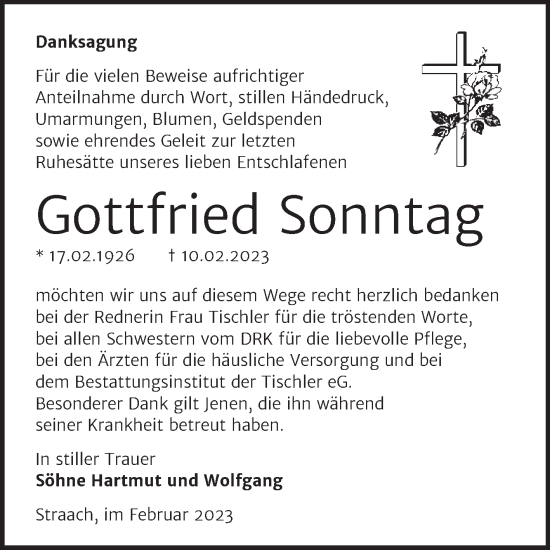 Traueranzeige von Gottfried Sonntag von Trauerkombi Wittenberg