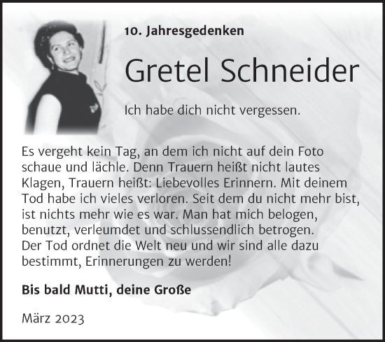 Traueranzeige von Gretel Schneider von Super Sonntag Wittenberg