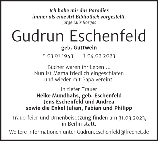 Traueranzeige von Gudrun Eschenfeld von Trauerkombi Dessau
