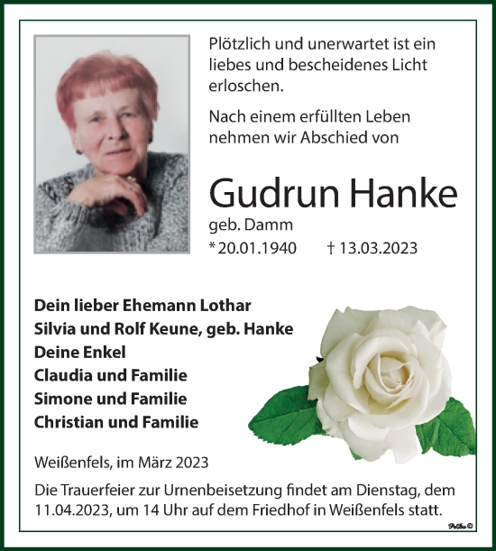 Traueranzeige von Gudrun Hanke von Trauerkombi Weißenfels