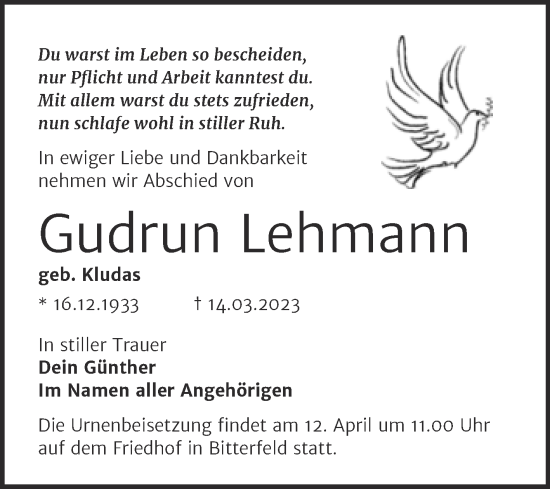 Traueranzeige von Gudrun Lehmann von Trauerkombi Bitterfeld