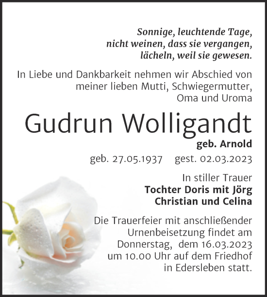Traueranzeige von Gudrun Wolligandt von Trauerkombi Sangerhausen