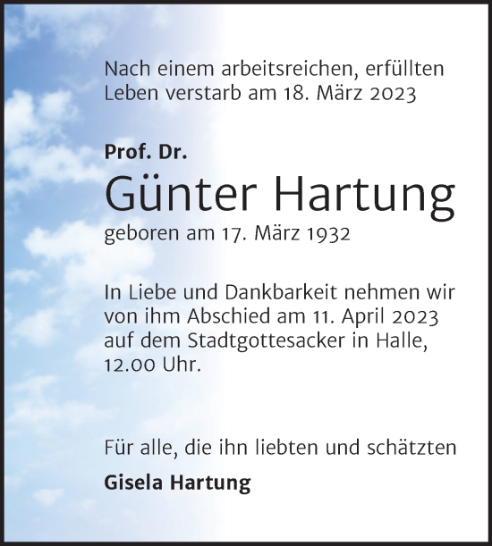 Traueranzeige von Günter Hartung von Mitteldeutsche Zeitung Halle/Saalkreis