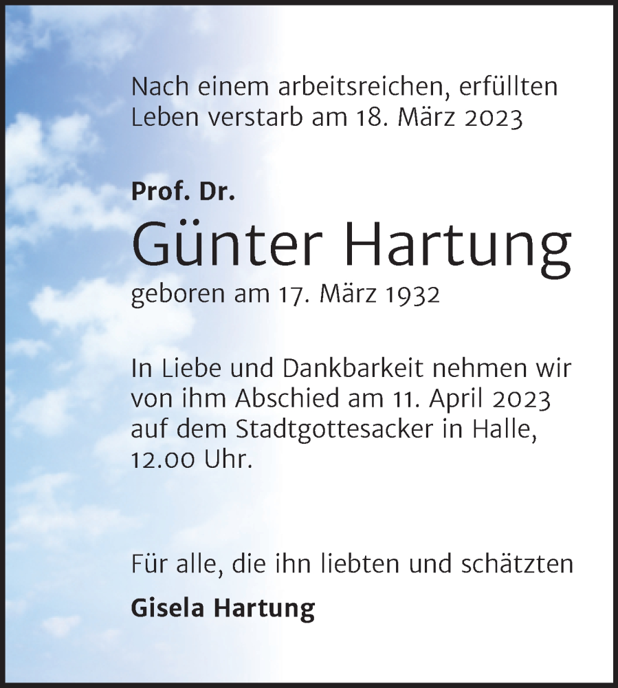  Traueranzeige für Günter Hartung vom 25.03.2023 aus Mitteldeutsche Zeitung Halle/Saalkreis