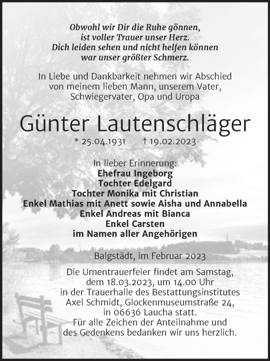 Traueranzeige von Günter Lautenschläger von Super Sonntag Naumburg/Nebra