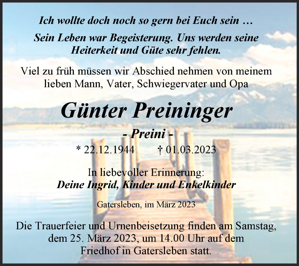  Traueranzeige für Günter Preininger vom 11.03.2023 aus Trauerkombi Aschersleben