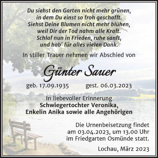 Traueranzeige von Günter Sauer von Super Sonntag Merseburg/Querfurt