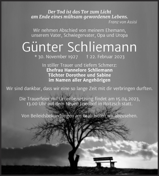 Traueranzeige von Günter Schliemann von Trauerkombi Bitterfeld
