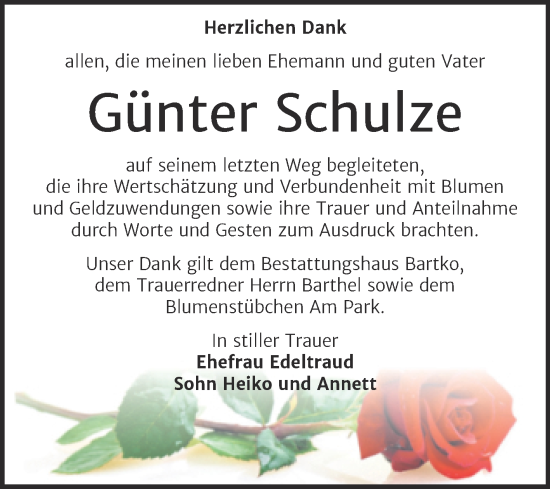 Traueranzeige von Günter Schulze von Trauerkombi Köthen