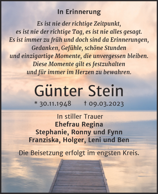 Traueranzeige von Günter Stein von Trauerkombi Bernburg