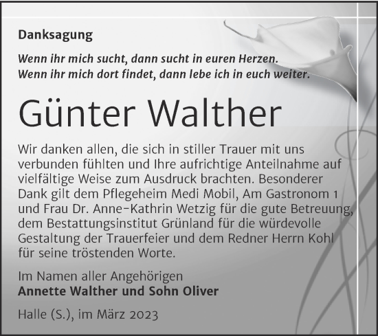 Traueranzeige von Günter Walther von Mitteldeutsche Zeitung Halle/Saalkreis