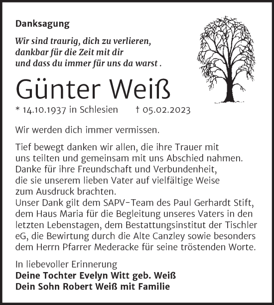 Traueranzeige von Günter Weiß von Trauerkombi Wittenberg