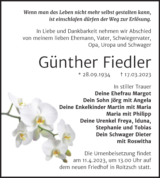Traueranzeige von Günther Fiedler von Trauerkombi Bitterfeld