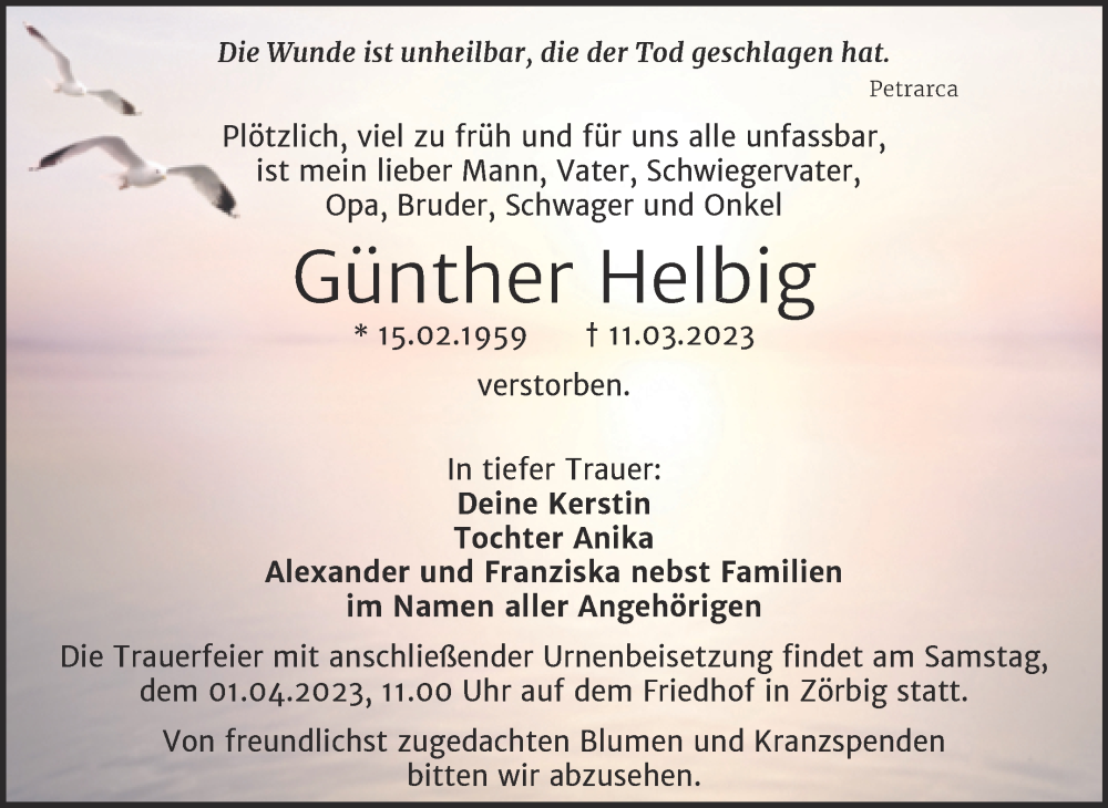  Traueranzeige für Günther Helbig vom 18.03.2023 aus Trauerkombi Bitterfeld