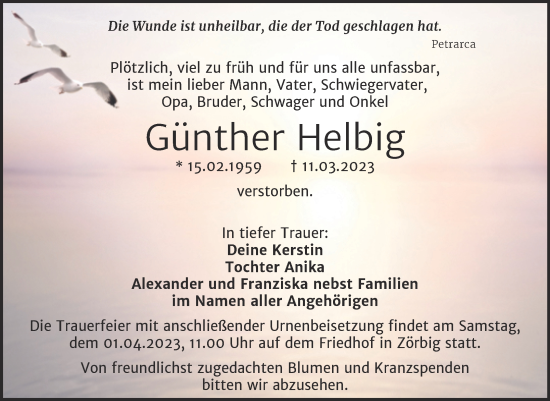 Traueranzeige von Günther Helbig von Trauerkombi Bitterfeld
