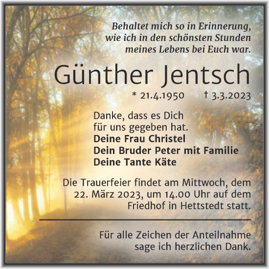 Traueranzeige von Günther Jentsch von Trauerkombi Mansfelder Land