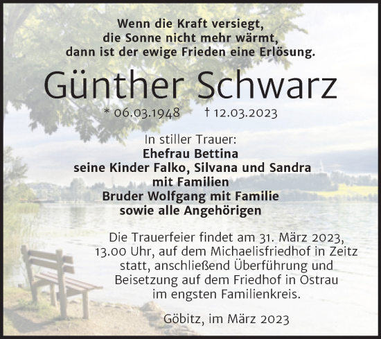 Traueranzeige von Günther Schwarz von Trauerkombi Zeitz