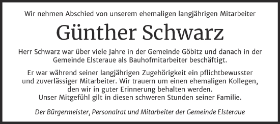 Traueranzeige von Günther Schwarz von Super Sonntag Zeitz