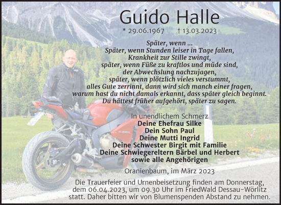 Traueranzeige von Guido Halle von Trauerkombi Wittenberg